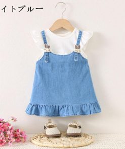 ワンピース 長袖 子供服 ベビー キッズ 女の子 フェイクレイヤード 重ね着風 Aライン 裾フリル ラウンドネック プルオーバー サロペット風 飾りボ