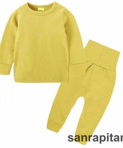 パジャマ セットアップ ハイウエスト ラウンドネック プルオーバー 腹巻き シンプル 無地 子供 長袖 長ズボン ベビー キッズ 男の子 女の子 秋